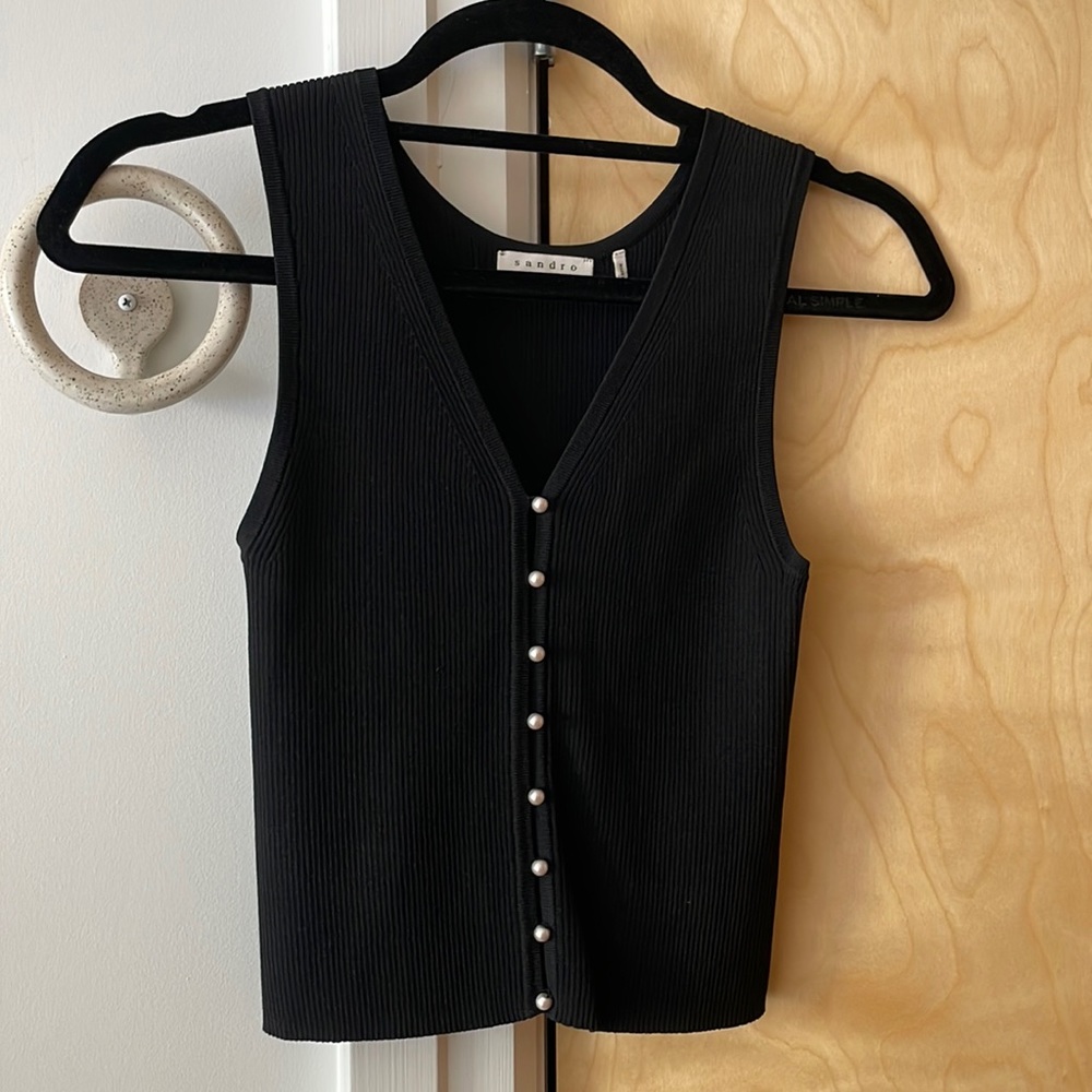 Sandro cropped black rubbed tank with pearl buttons